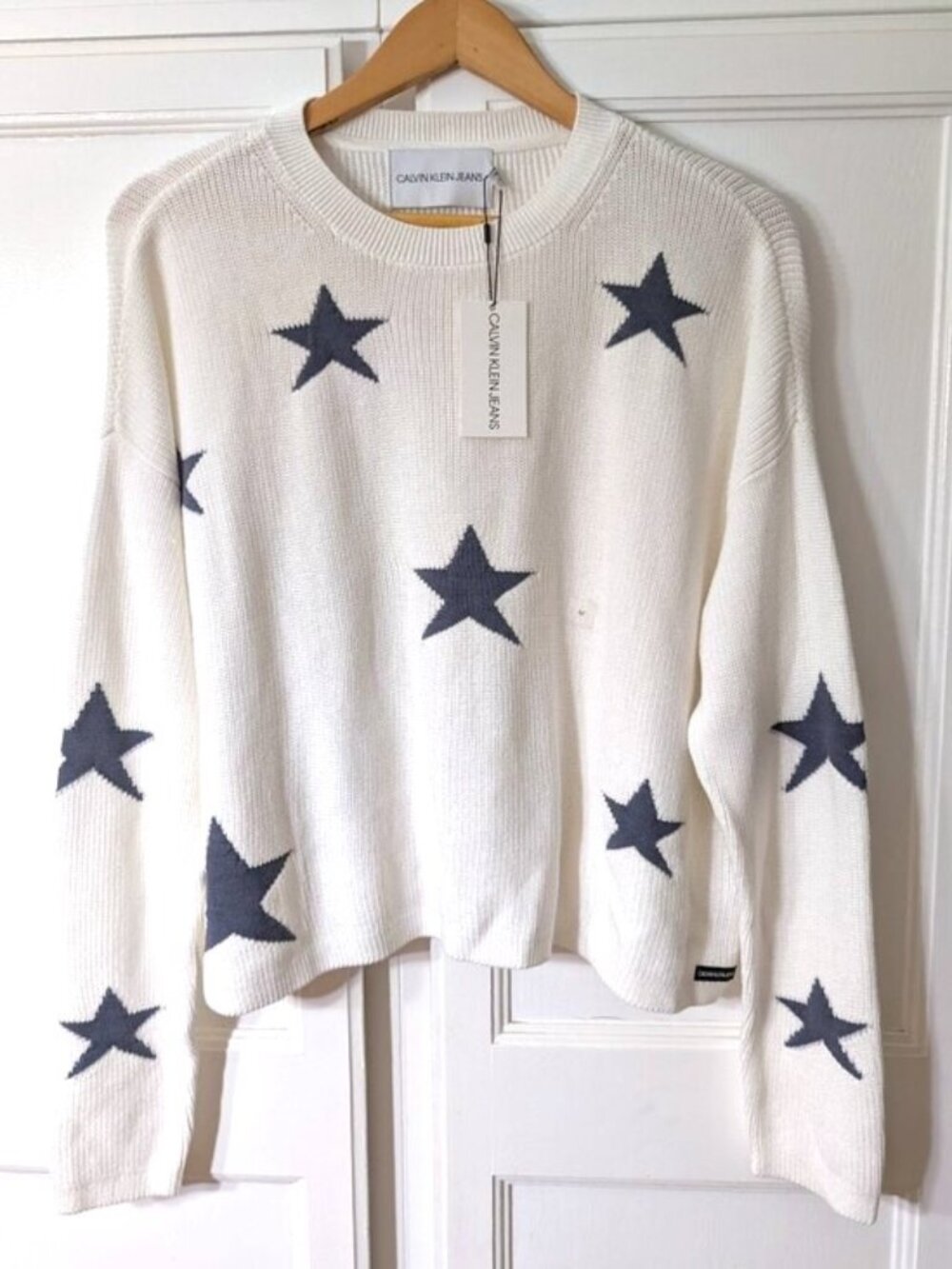 Calvin Klein Jeans Women's White Star‎ Knit Boxy Sweater Oversized Size M